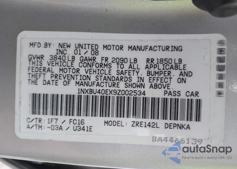 2009 Toyota Corolla Xle from USA, damaged, VIN 1NXBU40EX9Z002534